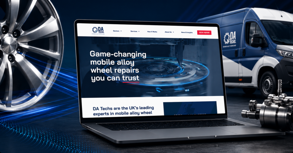 new website shown on a laptop with a DA Techs van in the background.